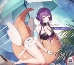 1girls 2d 2d_animation animated beach beach_ball beach_towel bikini cleavage enya_(snowbreak:_containment_zone) female female_focus female_only floatie hot_dog ocean purple_eyes purple_hair snowbreak:_containment_zone tagme umbrella video