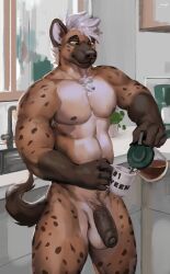 balls beverage brown_body brown_fur coffee coffee_cup container cup fur genitals hi_res hyena juiceps mammal nipples nude penis spots spotted_body spotted_fur tail