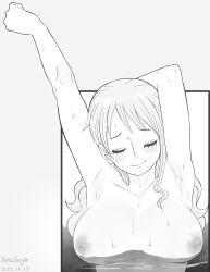 1female armpits big_breasts black_and_white breast_focus breasts closed_eyes earrings female female_only gray_background hot_spring long_hair nami nami_(one_piece) one_piece only_female post-timeskip shower simple_background simple_shading smile solo stretching uncensored underwater wet wet_body white_background xeno_doujin