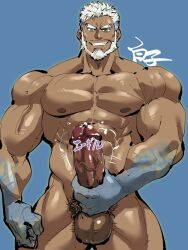 1boy 41raco abs aegir_(tokyo_afterschool_summoners) balls bara big_balls big_muscles big_pecs big_penis censored censored_penis censored_testicles daddy dilf erection gay grin hair hairy_balls hairy_male huge_cock human hunk male male_only mosaic_censoring mosaic_censorship moustache muscular muscular_human muscular_male navel nipples nude pecs penis pubes sideburns signature solo tan_skin tokyo_afterschool_summoners white_hair yaoi