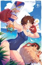 1boy 1girls alternate_version_available bandaid bandaid_on_arm bandaid_on_hand bandaid_on_leg beach blanka-chan blue_one-piece_swimsuit breasts brown_hair capcom cellphone character_charm charm_(object) chopsticks cleavage commentary cover cover_page eating english_commentary female fully_clothed headband hi_res kajin_(kajinman) kajinman medium_breasts muscular muscular_male ocean official_art one-piece_swimsuit phone red_headband ryu_(street_fighter) sakura_kasugano second-party_source selfie short_hair smartphone smile street_fighter swimsuit textless_version tomboy toned topless_male udon_entertainment v variant_set very_short_hair wet white_headband