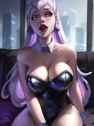 bed big_breasts blush breasts city_background evelynn female female_focus female_only huge_breasts k/da_all_out_evelynn k/da_all_out_series latex league_of_legends long_hair shiny_clothes thick_thighs tongue vatheja