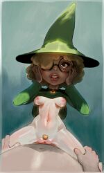 1boy 1girls breasts drawthread_request fucked_from_below glasses green_hat green_skirt marl pussy redlever witch