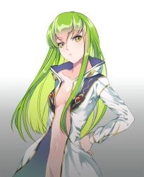 c.c. code_geass green_hair meimi_k naked naked_female nude nude_female partially_clothed stomach wearing_others_clothes white_clothing white_jacket yellow_eyes