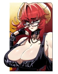 1girls big_breasts breasts cleavage clothing dragon dragon_girl dragon_horns female glasses huge_breasts kingmegart kingmegart large_breasts looking_at_viewer red_hair solo virtual_youtuber vshojo wink winking_at_viewer zentreya