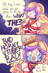 :3 areolae bell blonde_hair bondage bow breasts choker christmas christmas_present collar comic crying_with_eyes_open indie_virtual_youtuber large_breasts lumi_celestine_(vtuber) multicolored_hair owo ribbon_bondage ribbon_trim speech_bubble virtual_youtuber vtuber wrappings