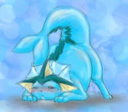 2012 all_fours ass_up belly big_belly blue_body blush blush_lines bodily_fluids digital_drawing_(artwork) digital_media_(artwork) drooling eeveelution feral furreon generation_1_pokemon inflation narrowed_eyes nintendo pokemon pokemon_(species) raised_tail saliva solo solo_focus tail vaporeon