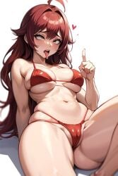 ai_generated blush bra heart long_hair panties red_bikini red_bra red_hair red_panties showing_panties tongue tongue_out