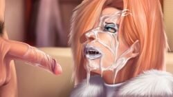 blonde_hair blowjob blue_eyes cum cum_in_mouth cum_on_face dominant_male emma_frost female fur_coat heroes_rise:_prison_breask main_character_(heroes_rise) makeup male male/female marvel marvel_comics mascara oral oral_sex penis penis_out semen skeep_(artist) smeared_makeup submissive_female white_lipstick white_queen x-men