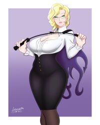 1girls blonde_hair breasts cape cleavage female female_focus female_only full_color glynda_goodwitch green_eyes hourglass_figure looking_at_viewer mature_female pantyhose rosewald1929 rwby safe_for_work short_hair solo teacher thick_thighs