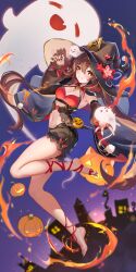 barefoot belly_button genshin_impact halloween hat hu_tao_(genshin_impact) liu_liaoliao long_hair red_bra