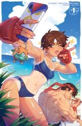 1boy 1girls alternate_version_available beach blanka-chan breasts brown_hair capcom cellphone character_charm charm_(object) chopsticks cleavage commentary eating english_commentary female fully_clothed headband hi_res kajin_(kajinman) kajinman medium_breasts mismatched_tanlines muscular muscular_male ocean official_art phone red_headband ryu_(street_fighter) sakura_kasugano second-party_source selfie short_hair smartphone sports_bikini street_fighter tan tanline tomboy tongue tongue_out topless_male udon_entertainment v very_short_hair wet white_headband