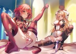 2girls absurdres anus arms_up black_gloves blonde_hair blurry blurry_background blush bondage breasts censored chest_jewel closed_mouth commentary_request commission core_crystal dress elbow_gloves frown gloves highres hitachi_magic_wand indoors kaer_sasi_dianxia knee_up large_breasts leg_up legs long_hair looking_at_viewer mosaic_censoring multiple_girls mythra nipples no_shoes object_insertion pantyhose pussy pyra red_eyes red_hair red_thighhighs restrained second-party_source sex_toy short_dress short_hair sitting soles spread_legs squatting swept_bangs thighhighs tiara tiptoes toes torn_clothes torn_dress torn_pantyhose torn_thighhighs two-tone_gloves vaginal_object_insertion vaginal_penetration vibrator white_dress white_gloves xenoblade_(series) xenoblade_chronicles_2 yellow_eyes