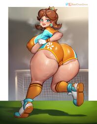 1girls ass ass_focus big_ass bimbo blue_eyes booty_shorts breasts female female_focus female_only hi_res huge_ass huge_breasts large_breasts mario_(series) mario_strikers nintendo orange_hair orange_shorts princess_daisy short_shorts shorts solo solo_female sportswear suavicreamdraws thick_thighs tomboy