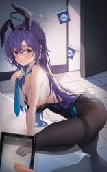 adjusting_clothes animal_ears bent_over black_leotard black_pantyhose blue_archive blue_eyes blue_necktie blush breasts bunny_ears bunny_tail bunnysuit camera cela_(akeeeeee675) cellphone cleavage collar detached_collar eyebrows_visible_through_hair fake_animal_ears fake_tail female hair_between_eyes halo hanging_breasts large_breasts leg_up leotard long_hair looking_at_viewer millennium_science_school_student necktie pantyhose parted_bangs phone playboy_bunny ponytail posing purple_hair rabbit_ears rabbit_tail seminar_(blue_archive) sideboob strapless tail taking_picture yuuka_(blue_archive)
