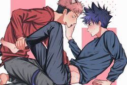 2boys animal_ears blush blush_lines cat_ears cat_tail face_grab fushiguro_megumi fushirun_rung gay grabbing_leg holding_face holding_leg itadori_yuuji jujutsu_kaisen leg_grab licking male male/male male_only pink_hair tail tongue yaoi