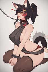 bound_wrists collar dog_ears dog_girl dog_tail glasses handcuffs heart heart-shaped_pupils hololive hololive_gamers hololive_japan leash leggings no_bra on_knees ookami_mio panties sideboob tongue_out varniskarnis virgin_killer_sweater virtual_youtuber wagging_tail