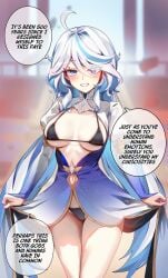 1girls alternate_breast_size blue_eyes breasts dialogue english_text female focalors_(genshin_impact) foxy_rain_(foxyreine) foxyrain foxyrain_(foxyreine) foxyreine furina_(genshin_impact) genshin_impact hair_over_one_eye heterochromia light-skinned_female light_skin long_hair neuvillette_(genshin_impact) offscreen_character offscreen_male talking_to_offscreen white_hair