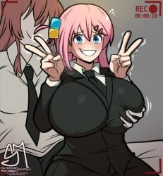 2023 2girls big_breasts black_suit blue_eyes blush bocchi_the_rock! breast_grab breasts crossover female female_focus gigantic_breasts gotou_hitori grabbing_breasts huge_breasts kita_ikuyo long_hair looking_at_viewer male nervous_smile peace_sign pink_hair red_hair semidraws smile smiling smiling_at_viewer suit tie v_sign