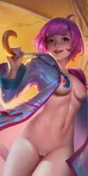 1girls breasts brown_eyes curvy female female_only heropans kagura_(mobile_legends) mobile_legends mobile_legends:_bang_bang naked nipples nude nude_female pink_hair pussy smile solo