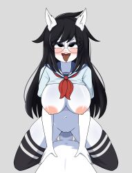 ahe_gao black_hair blush cowgirl_position dog_ears glasses homestuck jade_harley large_breasts looking_at_viewer phasmomo riding school_uniform tongue_out