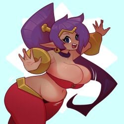 1girls big_breasts blue_eyes breasts chubby cleavage cleavage_overflow dabble female female_only fupa gold_jewelry large_breasts midriff open_smile plump pointy_ears purple_hair shantae shantae_(character) solo tan_body thick_ass thick_thighs thighs wide_hips