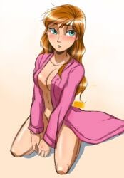 anna_(frozen) bare_breasts brown_hair casual_nudity convenient_censoring disney disney_princess frozen_(film) frozen_2 lewd long_hair mego_yang naked nude shirt tagme yang_mego