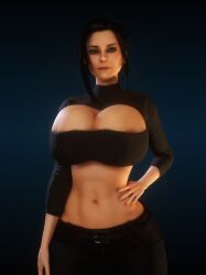 1girls 3d 3d_(artwork) abs alternate_ass_size alternate_breast_size ass belt biting_lip biting_own_lip black_hair breasts breasts_bigger_than_head breasts_bigger_than_torso cleavage clothed clothed_female elexis_sinclaire female female_only female_solo gigantic_ass gigantic_breasts green_eyes hand_on_hip hand_on_thigh hourglass_figure huge_ass huge_breasts human human_female human_only looking_at_viewer midriff necklace pants sin_(game) skin_tight small_waist solo solo_female thin_waist top_heavy vaako wasp_waist wide_hips