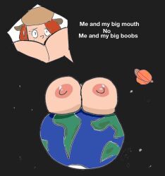 areolae artist_signature breasts_bigger_than_planet colored earth earth_boobs edit godalmite godalmite_(edits) gravity_falls hat massive_breasts nipples planet red_hair text wendy_corduroy