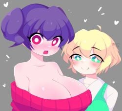 2girls blonde_hair blue_hair cleavage cute green_eyes ichigo_inoue_(sunrisenew) large_breasts red_eyes red_sweater sunrisenew