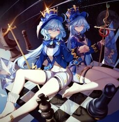 2d 2d_(artwork) 2girls anklet arms barefoot blue_eyes blue_hair breasts chess_piece closed_mouth clothed clothing digital_drawing_(artwork) facing_viewer feet female female_focus female_only fingers front_view fully_clothed furina_(genshin_impact) genshin_impact hair hands hat hips image legs light_skin long_hair luai mirror moon open_eyes petite reflective_floor shirt shorts sitting staff thighs waist