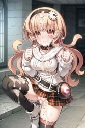 after_sex after_vaginal ai_generated bangs bare_shoulders belt black_hairband black_thighhighs blush boots breasts bukkake choker choujigen_game_neptune clenched_hands clenched_teeth collar compa cum cum_in_mouth cum_in_pussy cum_on_body cum_on_breasts cum_on_clothes cum_on_hair cum_on_pussy cum_pool cumdrip curly_hair detached_sleeves facial female hair_ornament hairband headband large_breasts leg_lift leg_up long_hair looking_at_viewer miniskirt neptunia_(series) no_panties off-shoulder_sweater orange_eyes orange_hair pink_hair plaid plaid_skirt pleated_skirt pussy ribbed_sweater skirt solo stable_diffusion standing standing_on_one_leg sweater tears teeth thighhighs very_long_hair wavy_hair white_sweater zettai_ryouiki