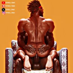 2boys 3d bara bubble_butt capcom dark-skinned_male dark_skin dee_jay gay gay_sex hands_on_ass jamaican juicy_butt kitrell_simz male male/male male_only melanin muscles muscular muscular_male orange_background plump_ass riding_cock sitting_on_chair street_fighter street_fighter_6 yaoi