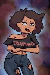 amphibia animated band_shirt big_breasts electricsnake1 flashing flashing_breasts iron_maiden_(band) metalhead mrs._boonchuy oum_boonchuy pierced_nipples ripped_jeans thai tongue_out