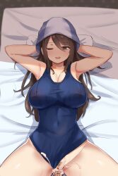 1boy armpits arms_behind_head blush breasts brown_eyes brown_hair censored cleavage clothed_sex cum cum_in_pussy female female_focus girls_und_panzer large_breasts long_hair looking_at_viewer lying mika_(girls_und_panzer) on_back one-piece_swimsuit one_eye_closed open_mouth oshishan penis pov pubic_hair pussy sex straight sweat swimsuit_aside tulip_hat