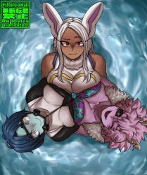 3girls big_breasts blue_body blue_hair blue_skin bubble_girl bunny_ears cleavage dark-skinned_female dark_skin eyebrows female female_only hero_outfit_(mha) looking_at_viewer mina_ashido miruko my_hero_academia pink_body pink_hair pink_skin red_eyes short_hair shosho_oekaki white_hair yellow_eyes