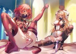 2girls absurdres anus arms_up black_gloves black_mask blonde_hair blurry blurry_background blush bondage breasts censored chest_jewel commentary_request commission core_crystal dress elbow_gloves gloves heart heart-shaped_pupils highres hitachi_magic_wand indoors kaer_sasi_dianxia knee_up large_breasts leg_up legs long_hair mask mosaic_censoring mouth_mask multiple_girls mythra nipples no_shoes object_insertion pantyhose pussy pyra red_eyes red_hair red_thighhighs restrained rolling_eyes second-party_source sex_toy short_dress short_hair sitting soles spread_legs squatting swept_bangs symbol-shaped_pupils thighhighs tiara tiptoes toes torn_clothes torn_dress torn_pantyhose torn_thighhighs two-tone_gloves vaginal_object_insertion vaginal_penetration vibrator white_dress white_gloves xenoblade_(series) xenoblade_chronicles_2 yellow_eyes