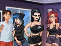 1boy 2d 3girls big_breasts black_hair black_lipstick blue_eyes breasts brown_hair cleavage clothed clothing darkcookie digital_drawing_(artwork) digital_media_(artwork) eve_(summertime_saga) goth goth_girl grace_(summertime_saga) hands_on_hips holding_onto_partner hood_up hoodie light-skinned_female light-skinned_male light_skin long_hair main_character_(summertime_saga) male male/female odette_(summertime_saga) red_hair scared skirt smile smiling smirk smirking standing summertime_saga surprised surprised_expression tattoo tattoos two_tone_hair