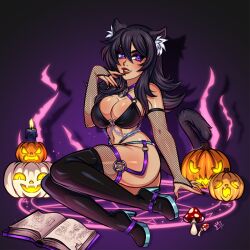 athletic_female bare_midriff big_ass big_breasts big_butt biting_lip black_fur black_hair black_nails cat_ears cat_tail catgirl chains fishnet fishnet_armwear fishnet_elbow_gloves fishnets fit_female glowing_eyes inviting jack-o'-lantern large_breasts leather leather_boots leather_bra leather_straps looking_at_viewer magic pentagram pinup pumpkin purple_eyelids purple_eyes purple_eyeshadow starrynekoart streamer thatspookynekogirl thick_thighs thigh_boots thigh_high_boots thigh_highs twitch virtual_streamer virtual_youtuber vtuber witch witch_costume