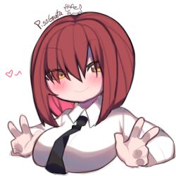 1girls big_breasts black_tie black_tie_(suit) blush blushing_at_viewer breasts chainsaw_man heart highres makima_(chainsaw_man) peace_sign pissgata red_hair self_upload smiling smiling_at_viewer white_shirt yellow_eyes