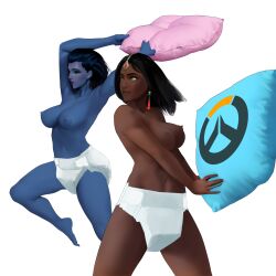 2girls abdl abdlbabygirl big_breasts blue_skin breasts dark-skinned_female dark_skin diaper female nipples overwatch pillow pillow_fight symmetra widowmaker