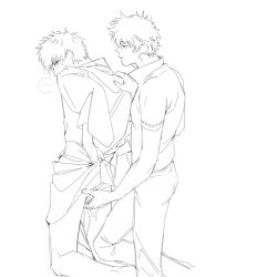 2boys blush bodily_fluids buyaozaoqi fingering fingering_from_behind fingering_partner from_behind gay gintama gintoki_sakata hijikata_toshiro kimono kneeling line_art looking_at_another looking_back male male_only monochrome sweatdrop yaoi