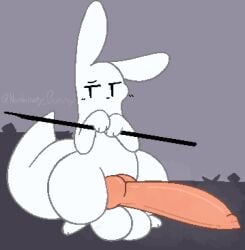 2023 animal_genitalia animal_penis anthro balls big_balls big_penis big_tail canine_genitalia canine_penis digital_drawing_(artwork) digital_media_(artwork) erection fur genitals holding_object holding_spear holding_weapon huge_cock knot male male_only melee_weapon nonbinary_bunny paws penis pink_knot pink_penis polearm rain_world slugcat solo spear survivor_(rain_world) tail thick_thighs weapon white_body white_ears white_fur white_tail wide_hips