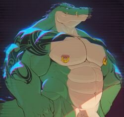 2023 abs anthro arm_tattoo black_background blue_eyes blue_lighting chest_tattoo crocodile crocodilian crocodylid fang_ring flexor_carpi genitals green_body green_scales head_spines hi_res looking_at_viewer male mr_nellory multicolored_body multicolored_scales navel nipple_piercing nipple_ring nipples obliques pecs penis penis_base piercing reptile ring_piercing scales scalie serratus shoulder_tattoo simple_background solo tan_body tan_scales tattoo tooth_ring triceps tusk_ring two_tone_body two_tone_scales vein veiny_penis