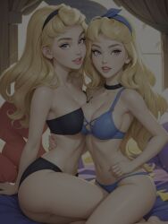 2girls ai_generated aurora_(sleeping_beauty) blonde_hair breasts disney disney_princess female female_only ia210 lips lipstick long_hair princess royalty sleeping_beauty_(1959_film)