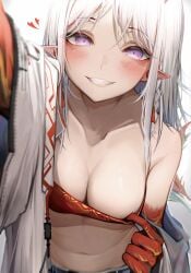 1girls arknights blush blush_lines blushing_at_viewer cleavage dragon_girl female female_focus female_only gradient gradient_hand long_hair looking_at_viewer medium_breasts nian_(arknights) playful playful_smile pointy_ears purple_eyes seductive seductive_look seductive_smile showing_off small_top smile smiling smiling_at_viewer tab_head tagme topwear white_hair