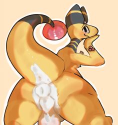 ampharos animal_genitalia anthro anus ass balls blush bracelet countershading fur generation_2_pokemon genitals hand_on_face hi_res jewelry looking_at_viewer looking_back looking_back_at_viewer male nintendo nude outline perineum pokemon pokemon_(species) puffy_anus rear_view sheath simple_background solo tail white_body white_countershading white_outline xurora yellow_body yellow_fur