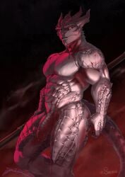 1boy abs absurd_res anthro artist_name baldur's_gate baldur's_gate_3 balls biceps bottomwear claws clothing digital_media_(artwork) dragonborn_(dnd) dungeons_and_dragons fog front_view genitals hasbro hi_res horn humanoid_genitalia looking_at_viewer male male_only muscular muscular_male muscular_thighs nude open_mouth pecs penis red_eyes sacorxi scales scalie serratus shadow solo solo_male spikes spikes_(anatomy) staff standing tail teeth the_dark_urge_(baldur's_gate) triceps vein veiny_penis white_body white_scales wizards_of_the_coast