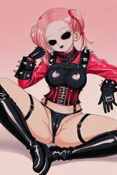 black_thong boots breasts dollface_(twisted_metal) female female_focus female_only gloves legs_apart mask masked masked_female partially_clothed pink_hair playstation pussy_focus pussy_juice self_upload spikes spread_legs tagme thong twintails twisted_metal