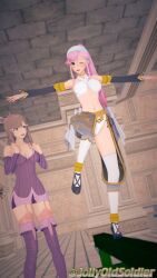 2girls 3d armpits balancing bangs bare_midriff bare_thighs black_eyes boots braid breasts brown_eyes brown_hair cleavage dress female female_only fire_emblem fire_emblem_awakening garter_straps indoors jollyoldsoldier leg_up long_hair medium_breasts midriff multiple_girls navel nintendo olivia_(fire_emblem) one_eye_closed open_mouth panties pillar pink_hair ponytail standing standing_on_one_leg sumia_(fire_emblem) support thigh_boots thighhighs thighhighs_under_boots thighs training twin_braids underwear very_long_hair white_panties